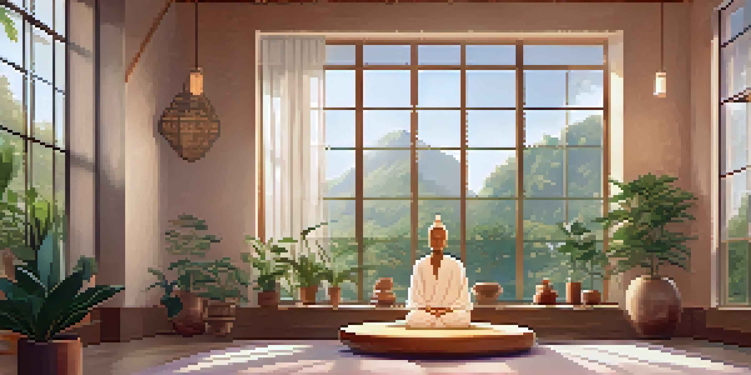 A peaceful meditation room with natural light, cushions, plants, and an altar, promoting a sense of calm and mindfulness.