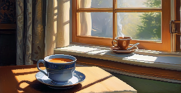 A bright kitchen table with a steaming cup of tea, an open journal, and a glowing candle, illuminated by morning sunlight.