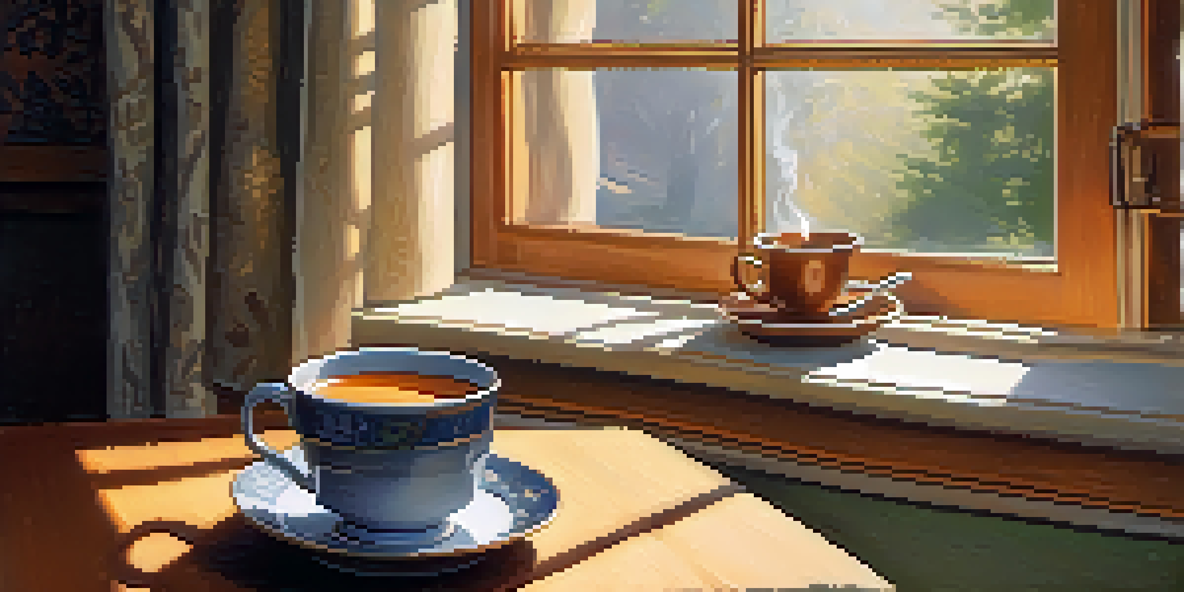 A bright kitchen table with a steaming cup of tea, an open journal, and a glowing candle, illuminated by morning sunlight.