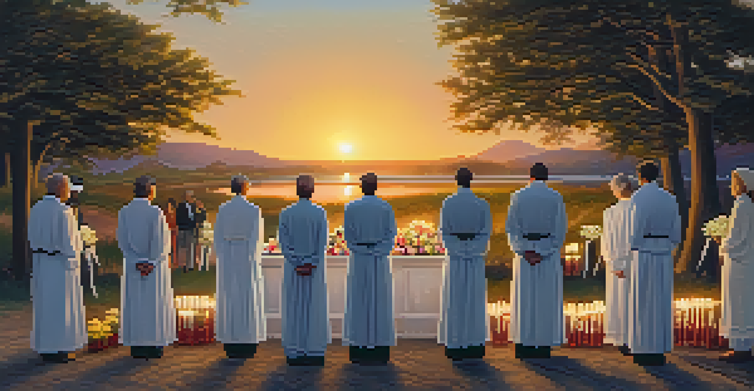 A tranquil outdoor memorial service with people gathered around an altar, emphasizing reflection and community support during a sunset.