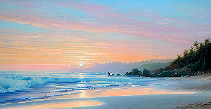 A peaceful beach at sunrise with a person practicing yoga on the sand, surrounded by soft colors in the sky.
