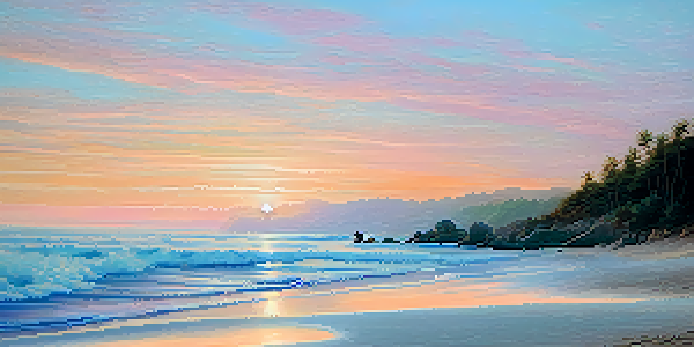 A peaceful beach at sunrise with a person practicing yoga on the sand, surrounded by soft colors in the sky.