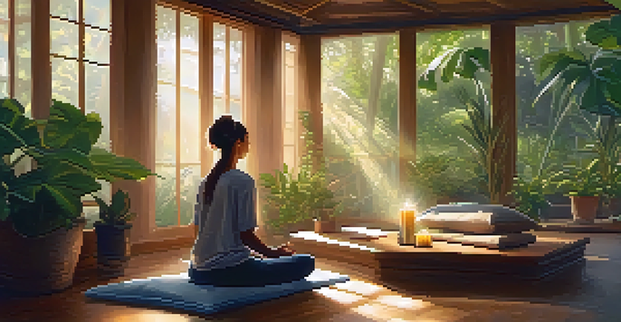 A peaceful meditation scene featuring a person sitting cross-legged on a cushion, surrounded by plants and sunlight, with a candle on a table.
