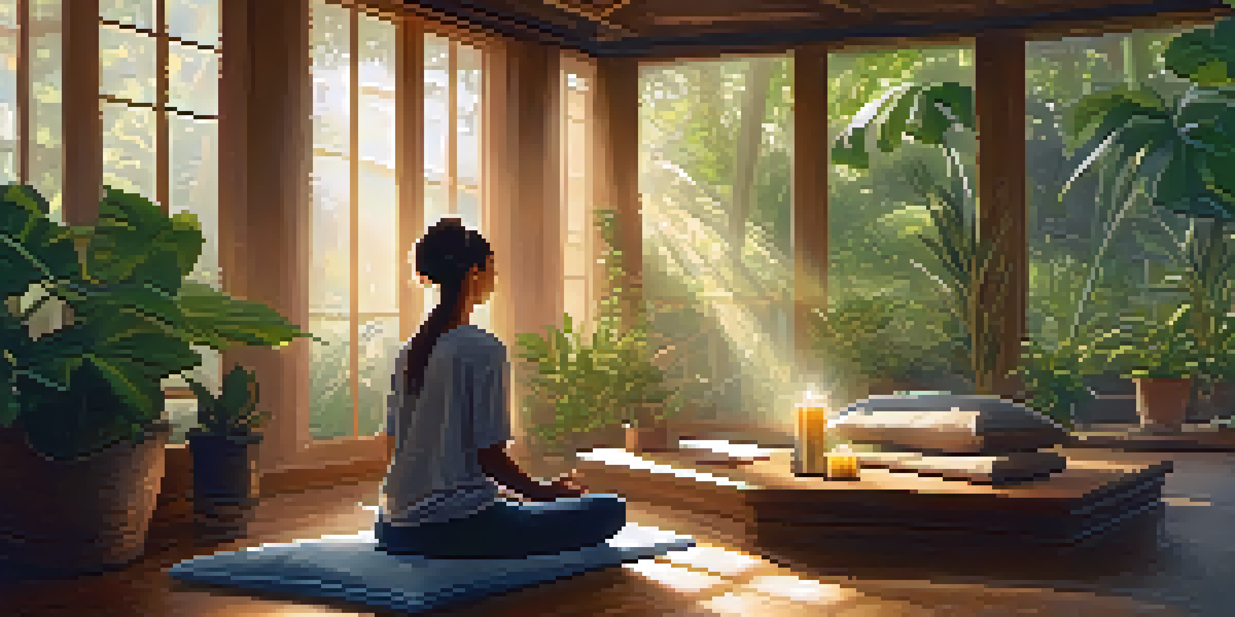 A peaceful meditation scene featuring a person sitting cross-legged on a cushion, surrounded by plants and sunlight, with a candle on a table.