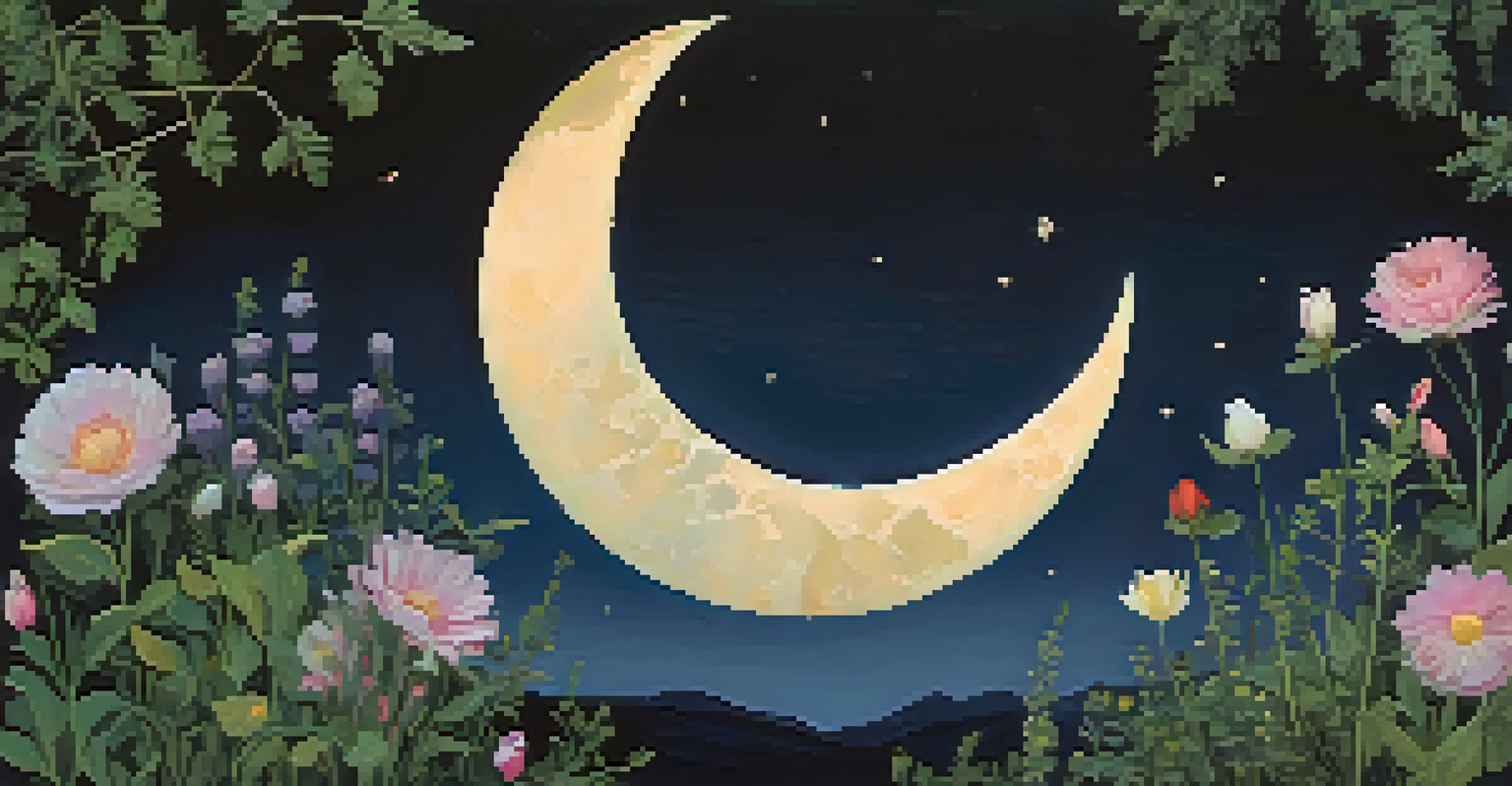 A dark crescent new moon in an indigo sky above a vibrant garden blooming with flowers, representing new beginnings.