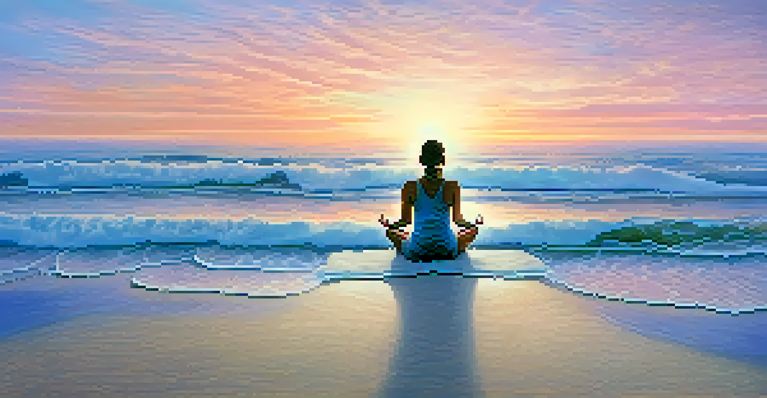 A person meditating on a beach at twilight, surrounded by pastel colors of sunset and ethereal dream symbols floating around them.