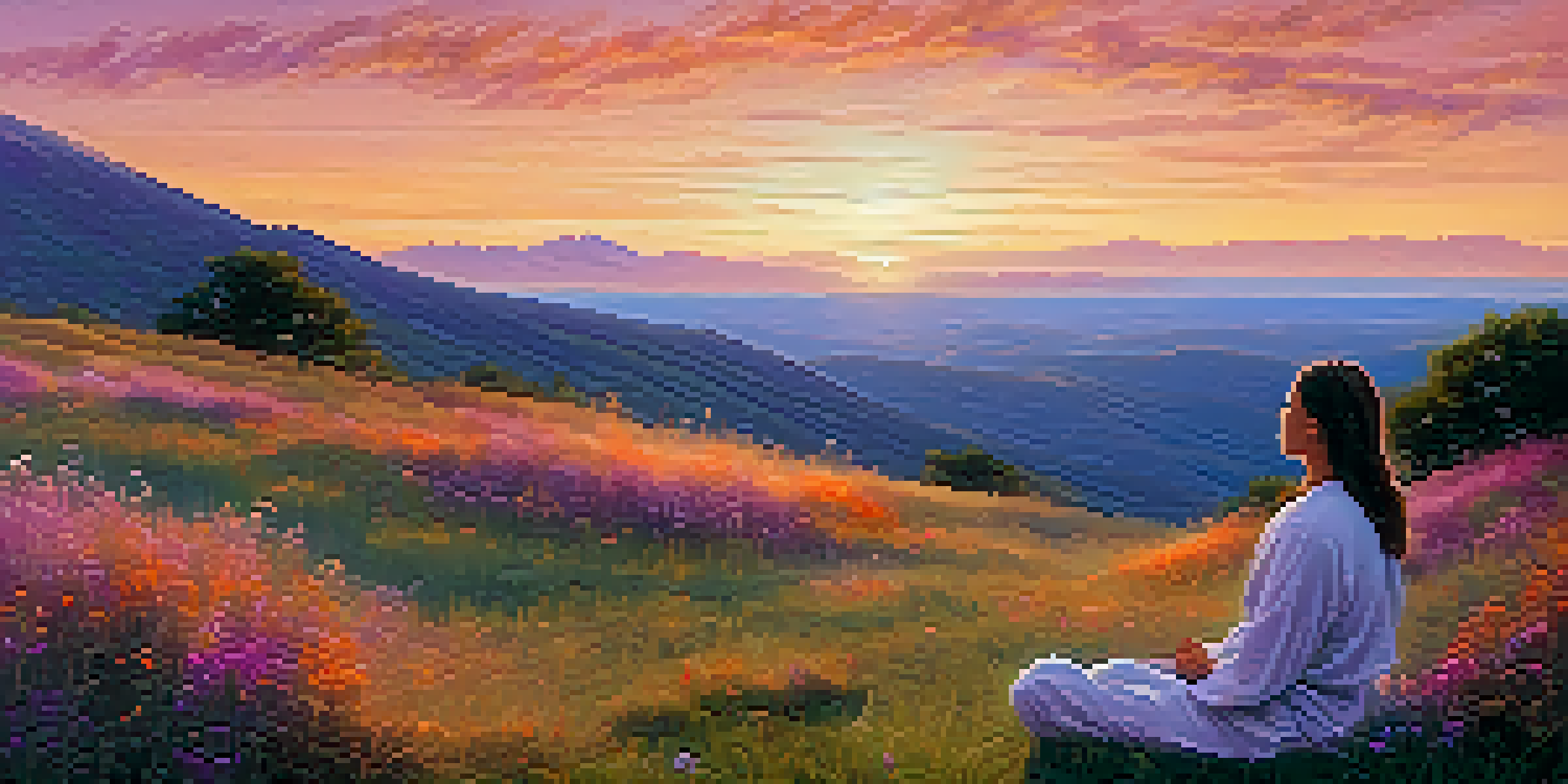 A person meditating on a grassy hilltop at sunset, surrounded by wildflowers and mountains in the background.