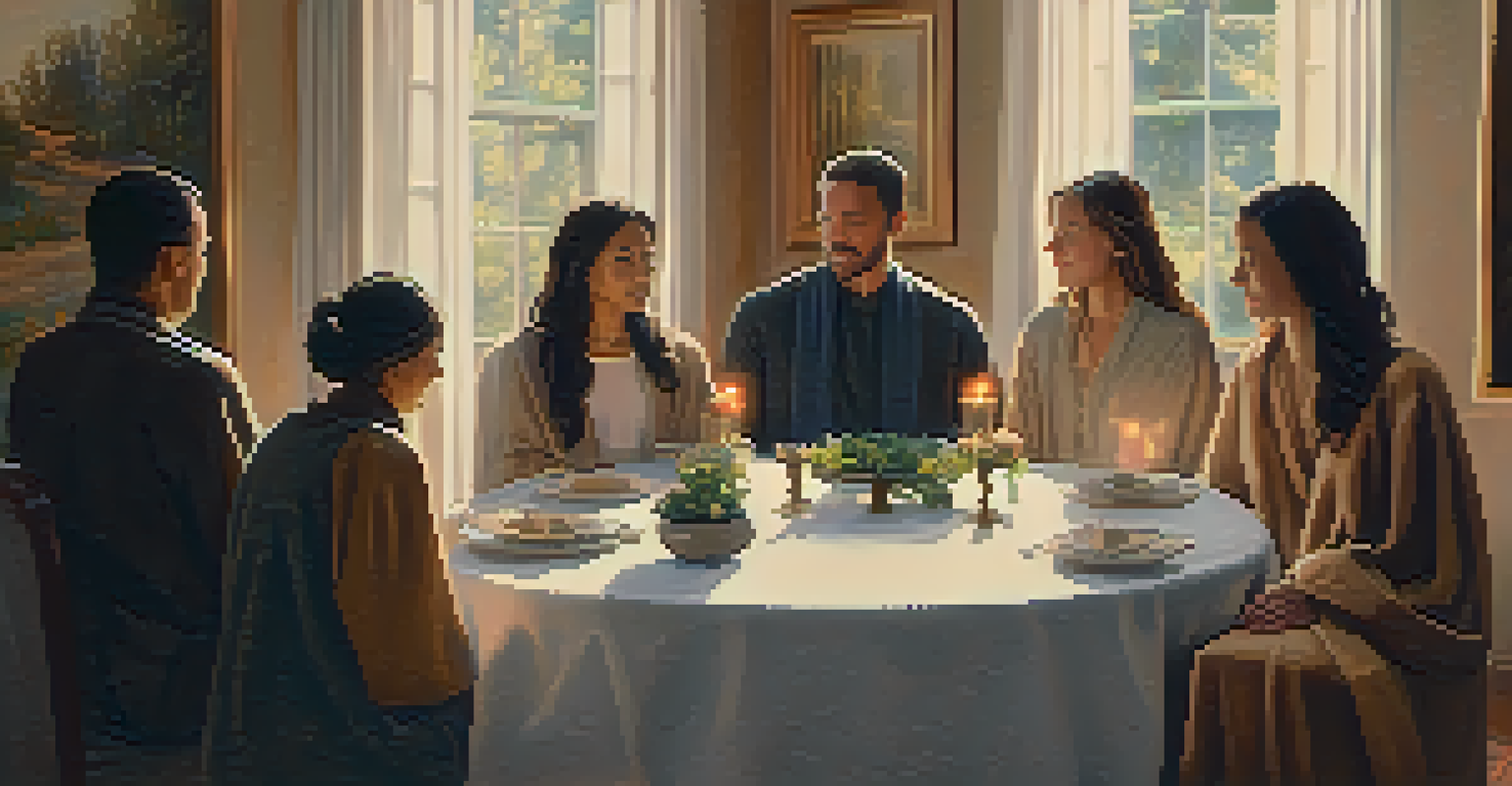 A group of people praying together in a cozy room, illuminated by candlelight.