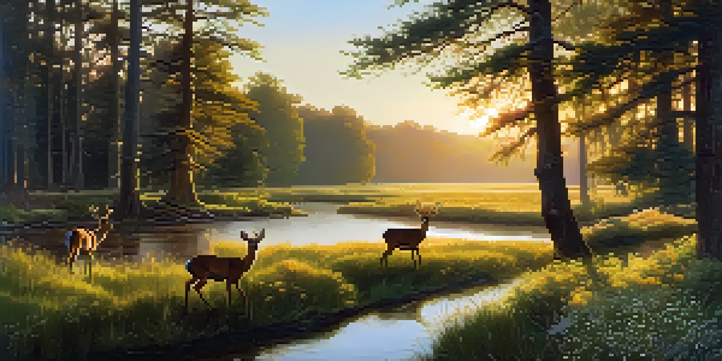 A tranquil forest scene at sunrise, with a stream and deer drinking water.