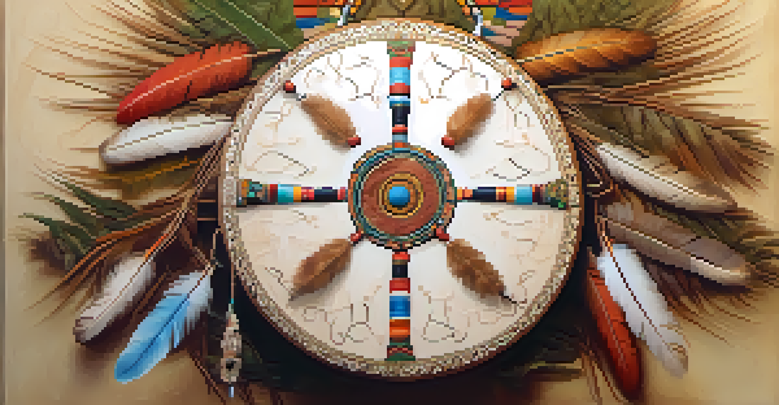 A detailed view of a shamanic drum with symbols and natural decorations, placed on natural materials with warm lighting.