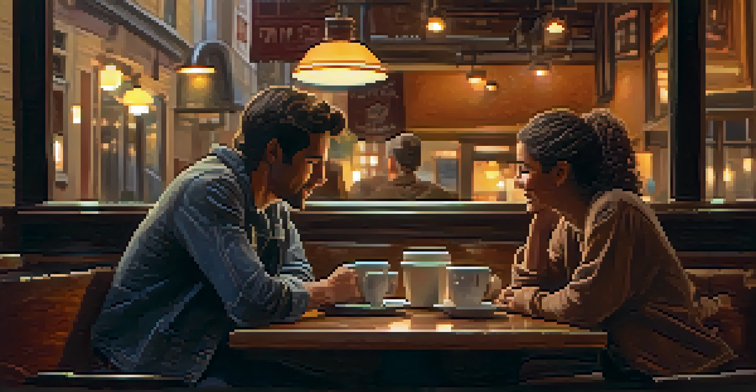 Two individuals engaged in a deep conversation at a cozy coffee shop, with warm lighting and steaming mugs on the table.