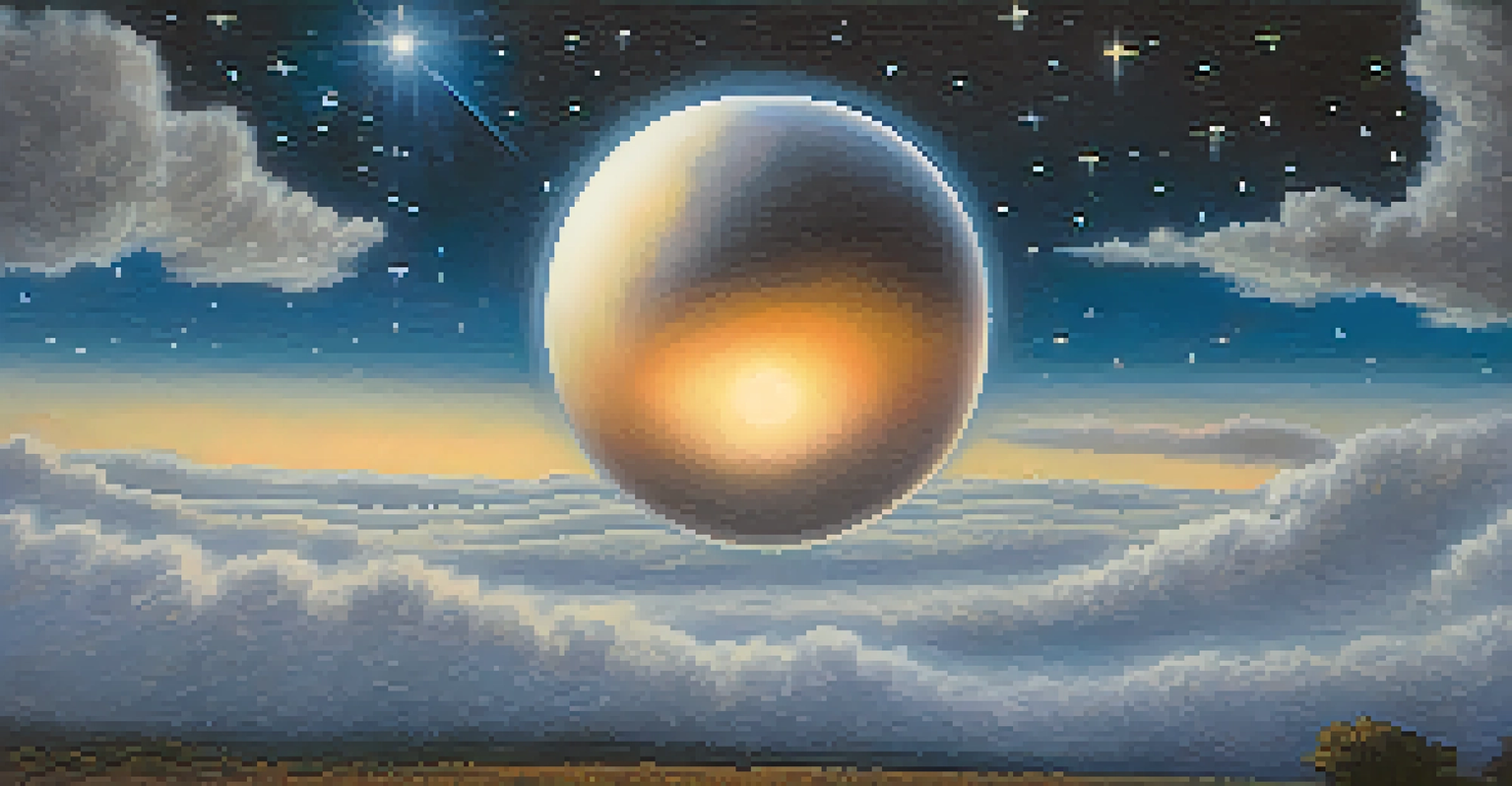 A glowing orb in a starry sky surrounded by soft clouds, representing higher consciousness.