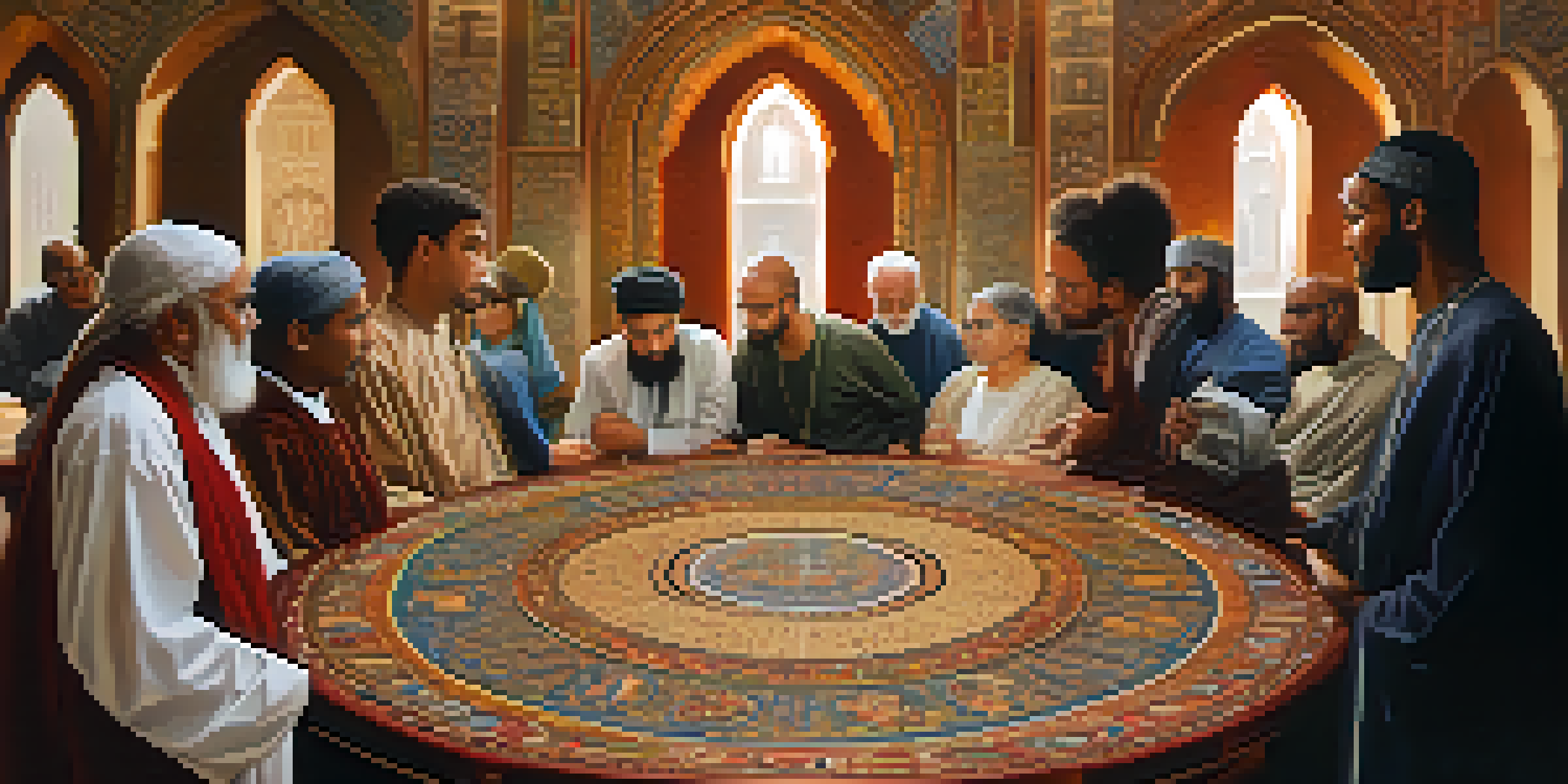 A group of people from different faiths discussing around a round table, with cultural symbols in the background.