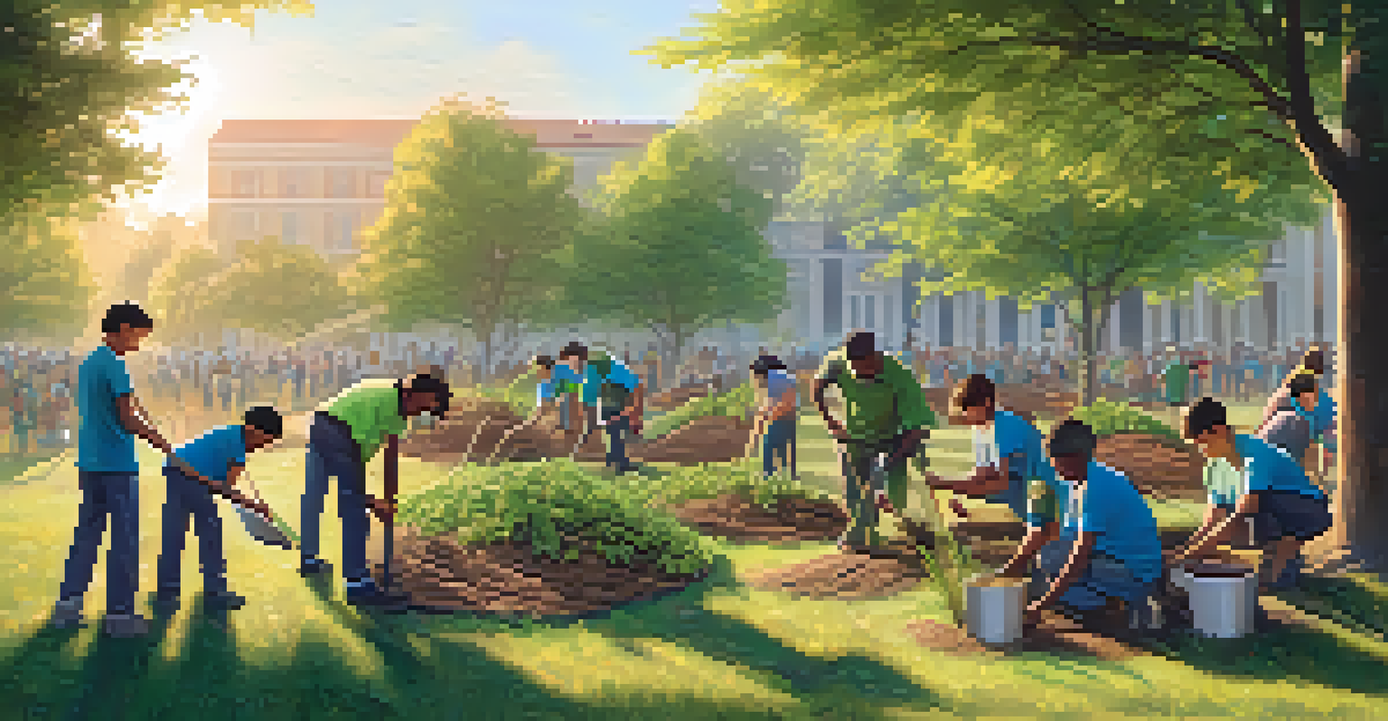 A group of people of different ages planting trees together in a park during a community service event.