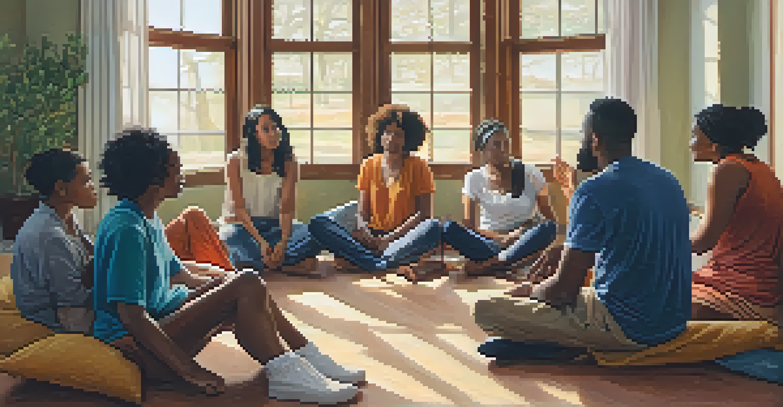 A diverse group of people sitting in a circle, having a supportive conversation in a cozy, warmly lit room.