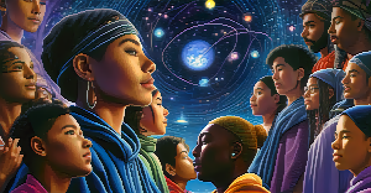 An artistic representation of a digital community gathering with diverse avatars connected by glowing lines.