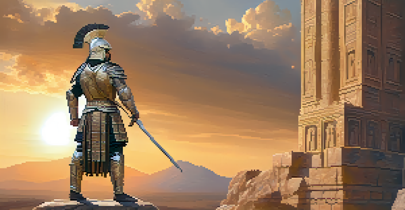 A male warrior in ancient Mesopotamian armor poses dramatically with a spear in front of a sacred temple, illuminated by a golden sunset.