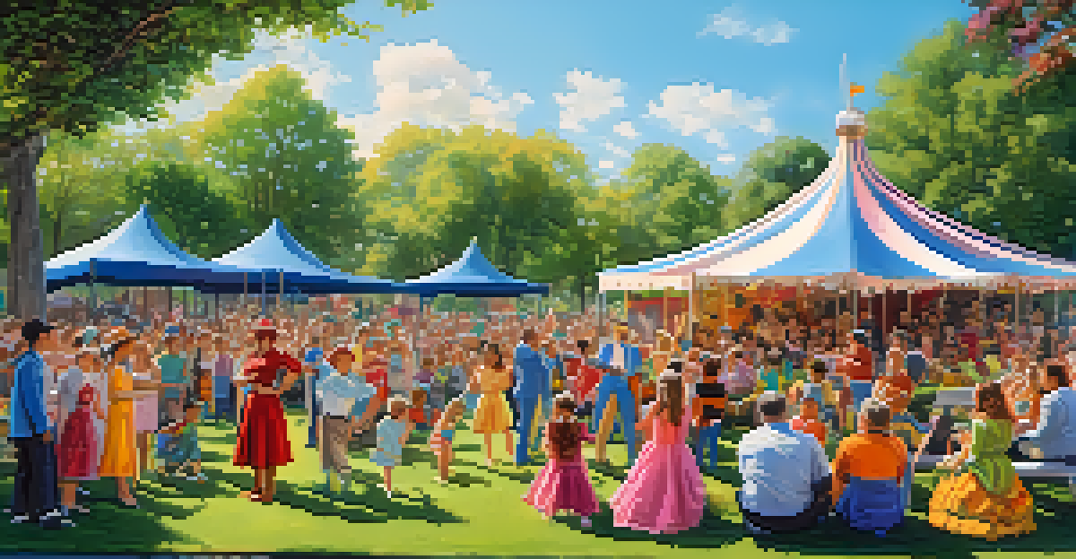 Children and adults in colorful costumes performing improv theater in a lively park.