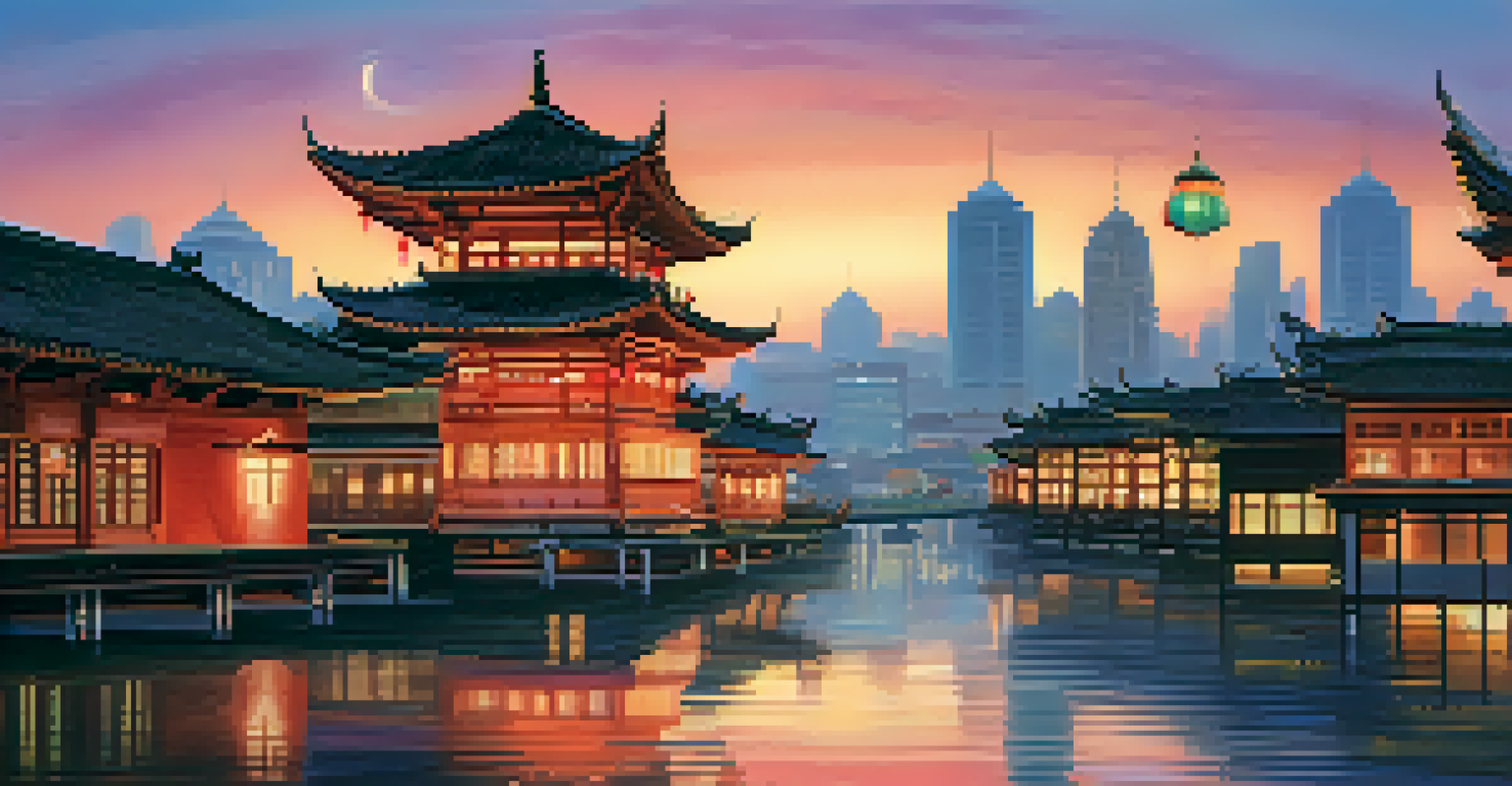 A city at dusk with traditional Eastern buildings and modern skyscrapers, illuminated by colorful lights.