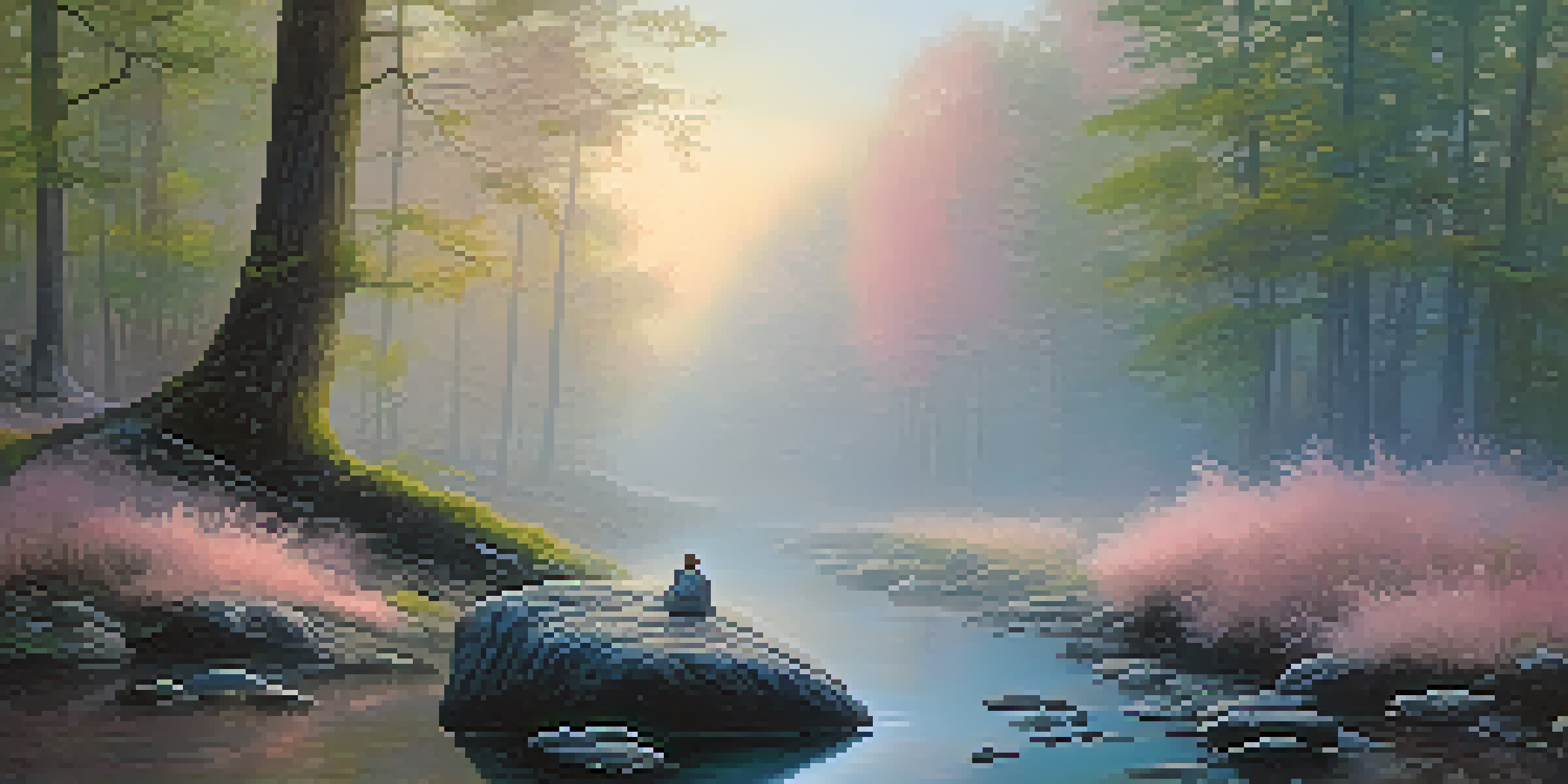 A tranquil forest scene at dawn with sunlight filtering through trees, a misty atmosphere, and a person meditating by a stream.