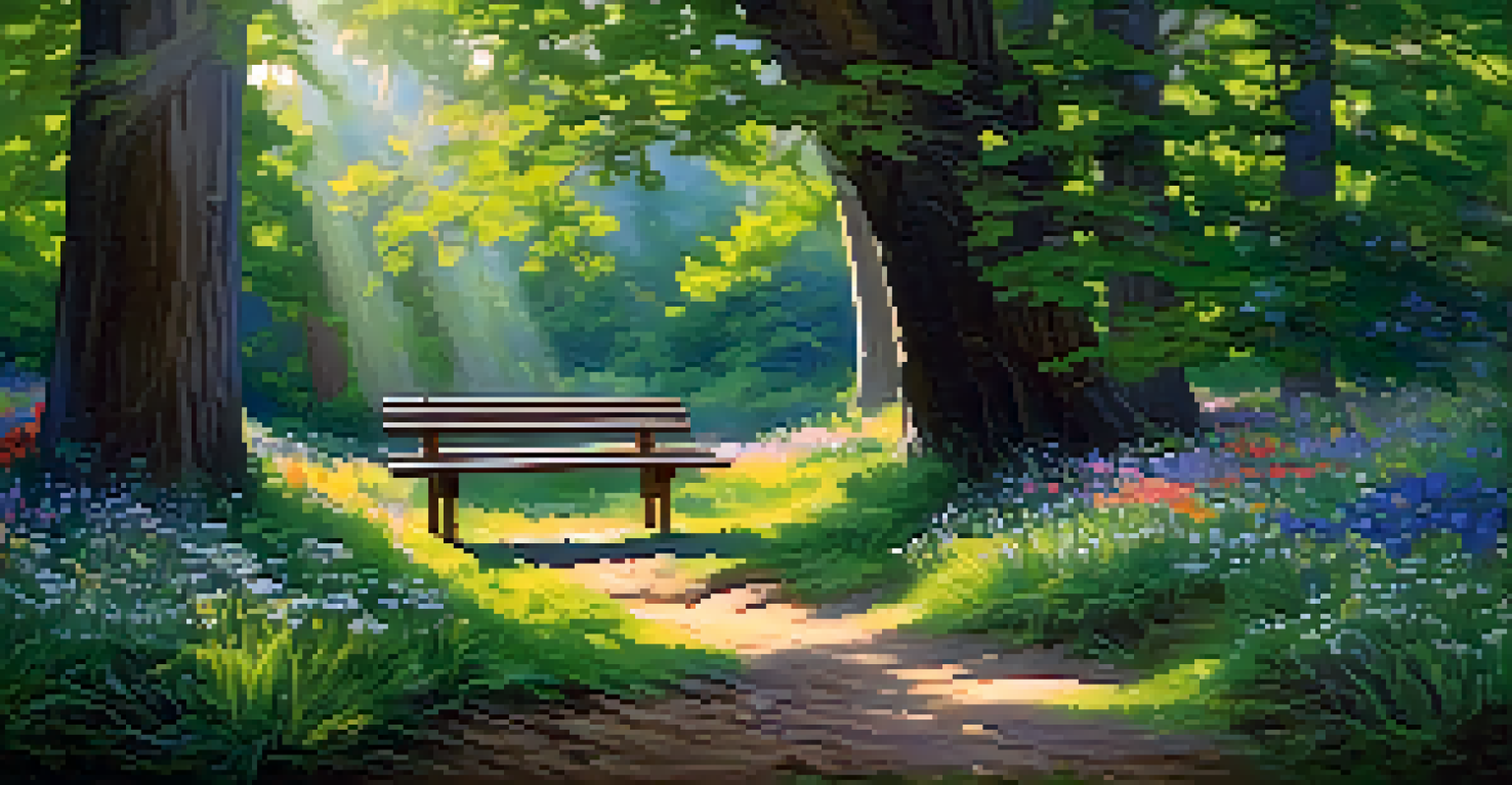 A sunlit grove in a forest with wildflowers and a wooden bench under a large tree.