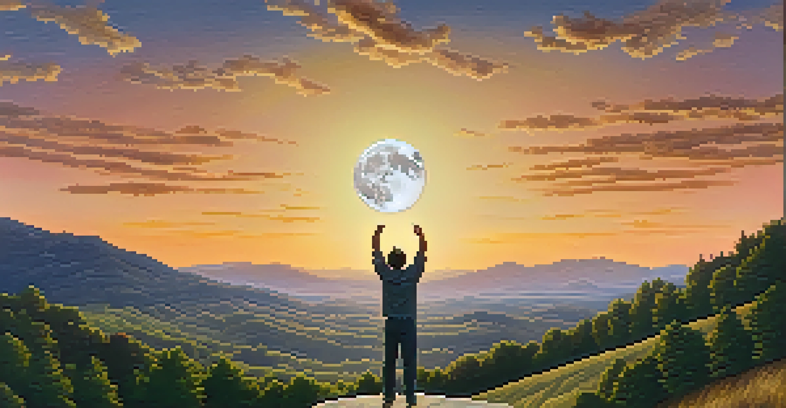 A person on a hilltop with raised arms celebrating under a partially illuminated waxing gibbous moon, overlooking a golden sunset landscape.