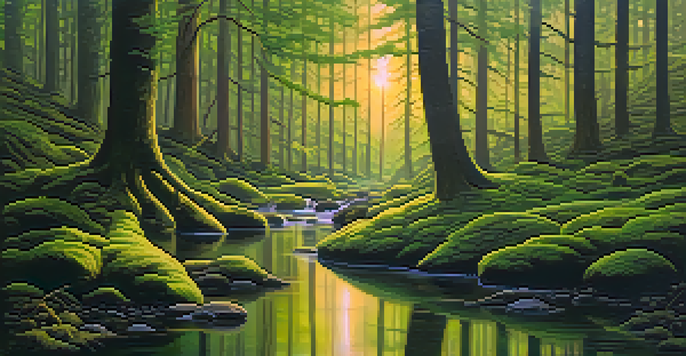A peaceful forest scene at dawn with sunlight filtering through trees and a small stream.