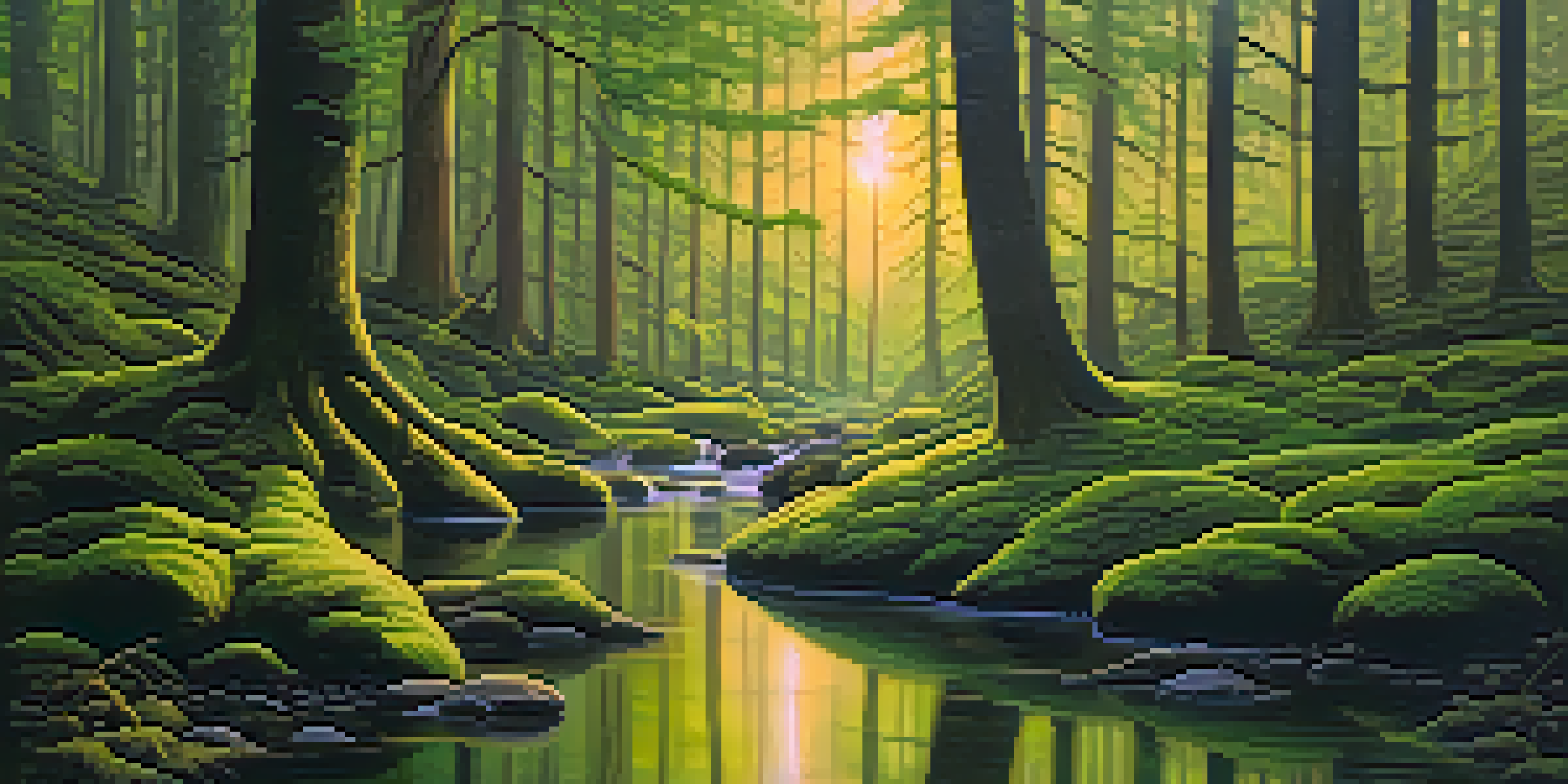 A peaceful forest scene at dawn with sunlight filtering through trees and a small stream.