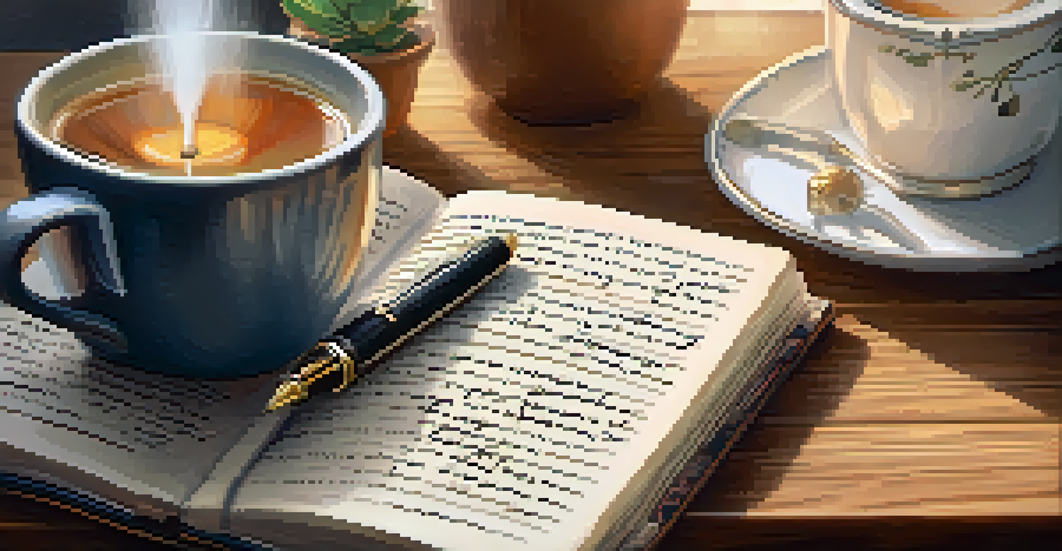 A hand writing in a journal with a fountain pen on a cozy workspace.