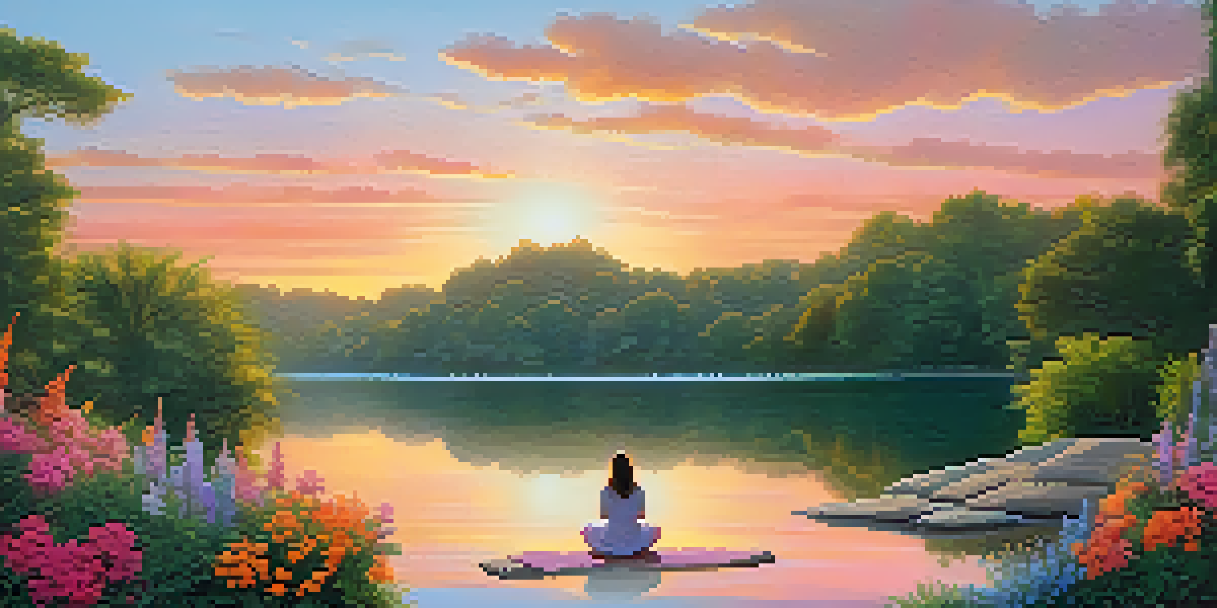 A person meditating on a stone surrounded by greenery and flowers, with a sunrise in the background.