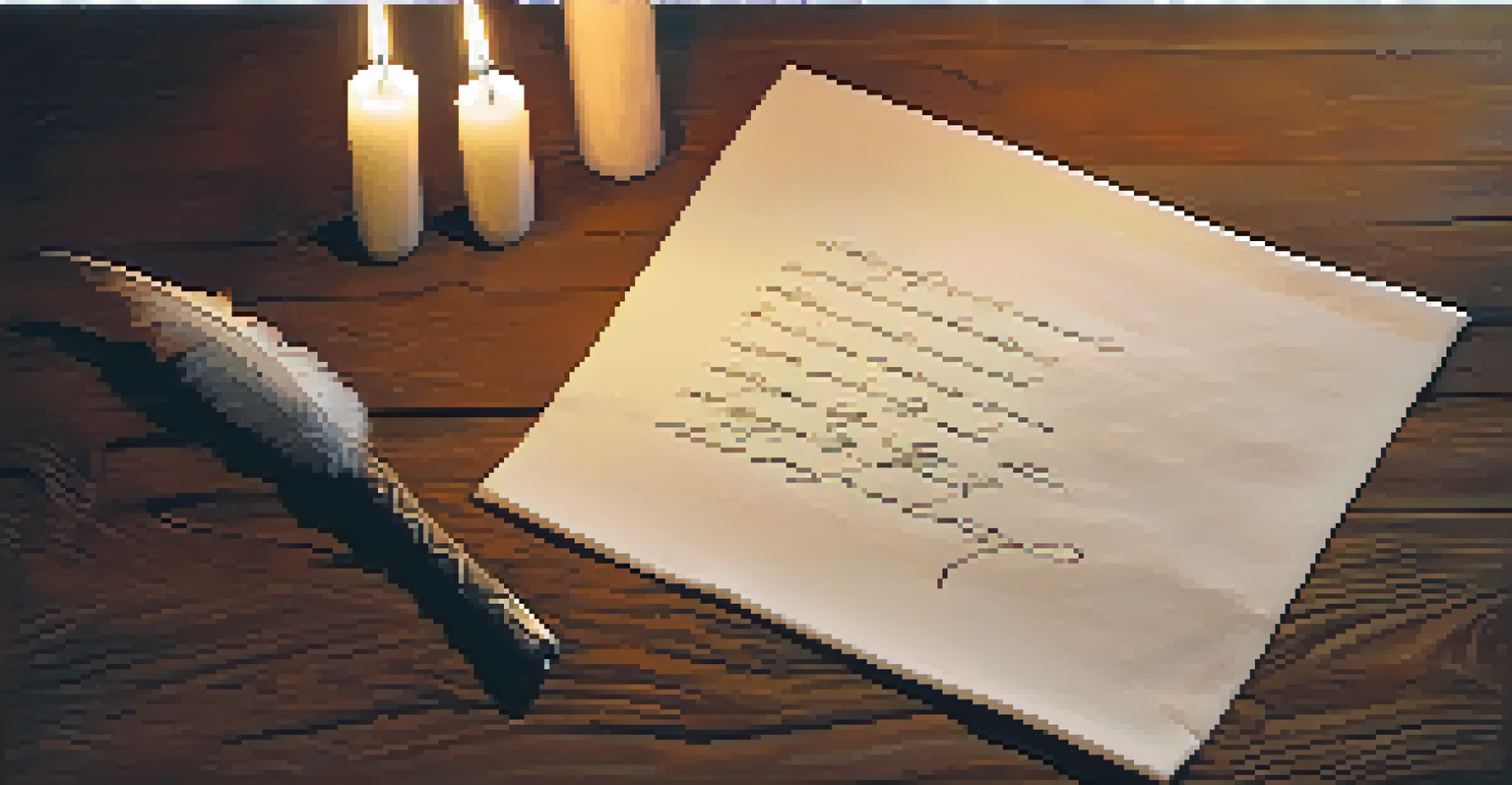 A close-up of a handwritten letter about forgiveness on a wooden table with a quill pen and candlelight, creating an intimate atmosphere.