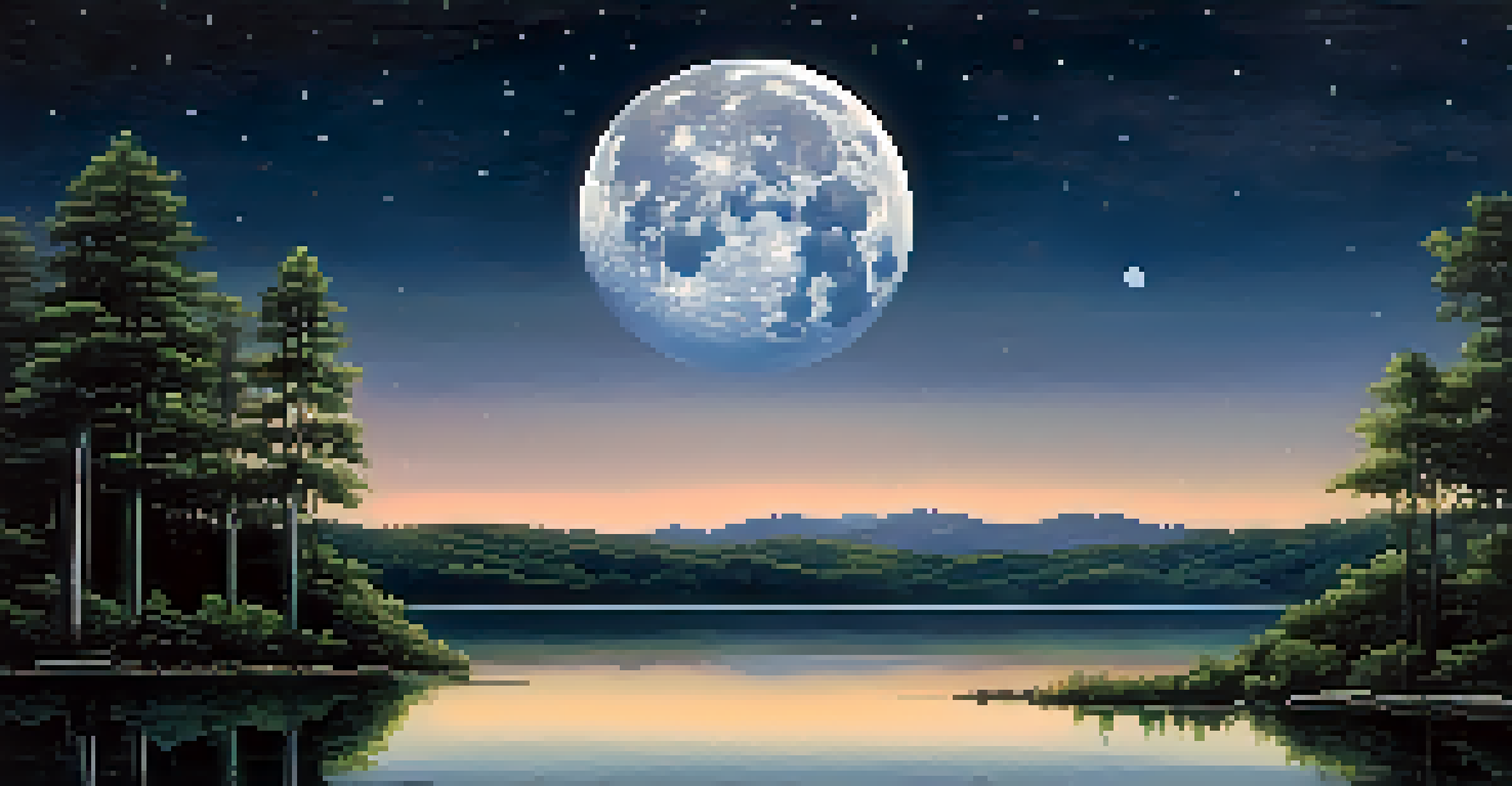 A full moon illuminating a tranquil lake, with its reflection shimmering on the water, surrounded by greenery and mountains.