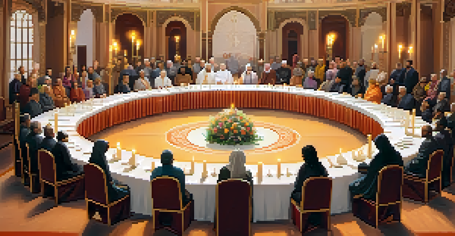 An interfaith gathering in a decorated hall, featuring individuals from different religions sharing their beliefs, highlighting respect and unity.