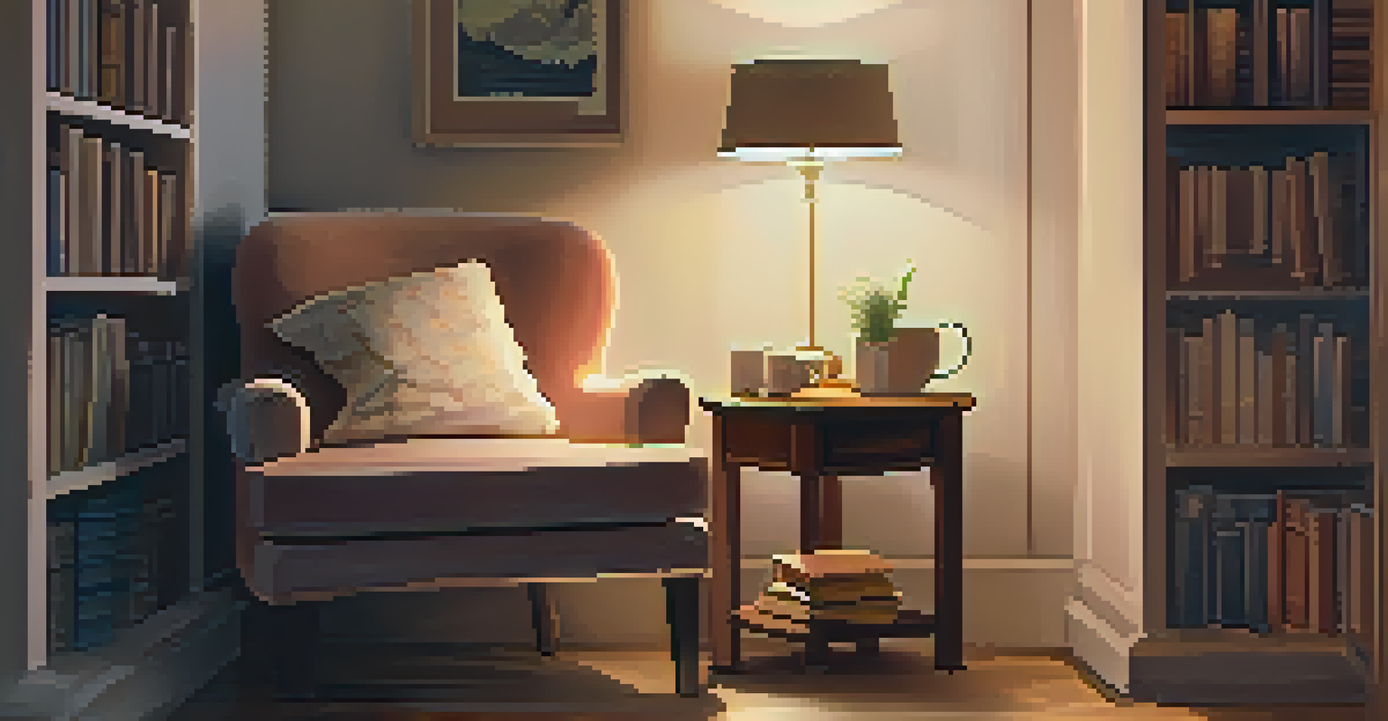 A cozy reading nook with a plush armchair, a cup of tea, and books, bathed in warm, soft light.