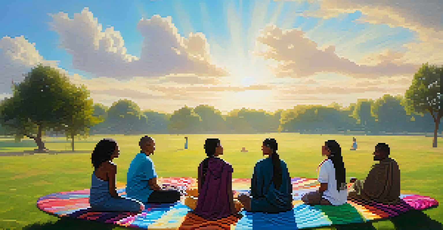A diverse group of people sitting in a circle on grass, participating in a mindfulness discussion under a blue sky.