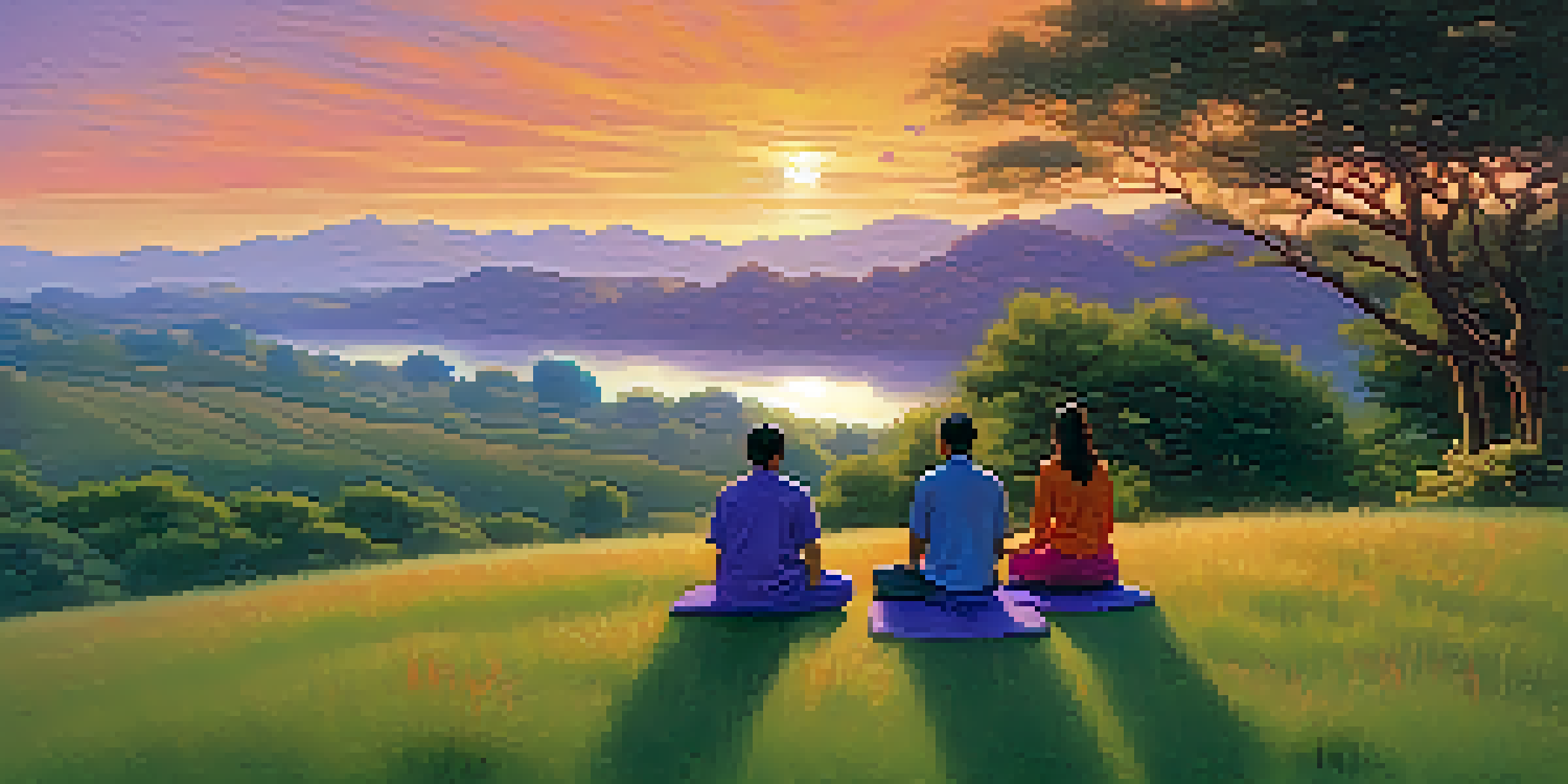 A peaceful meditation scene with a diverse group of people sitting cross-legged on a grassy hill during sunset, surrounded by gentle hills and a flowing river.