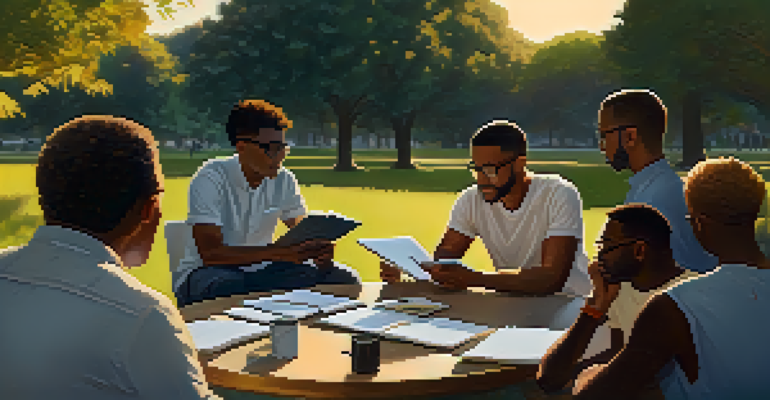 A diverse group of professionals meeting outdoors in a park at sunset, brainstorming ideas together, surrounded by natural beauty.