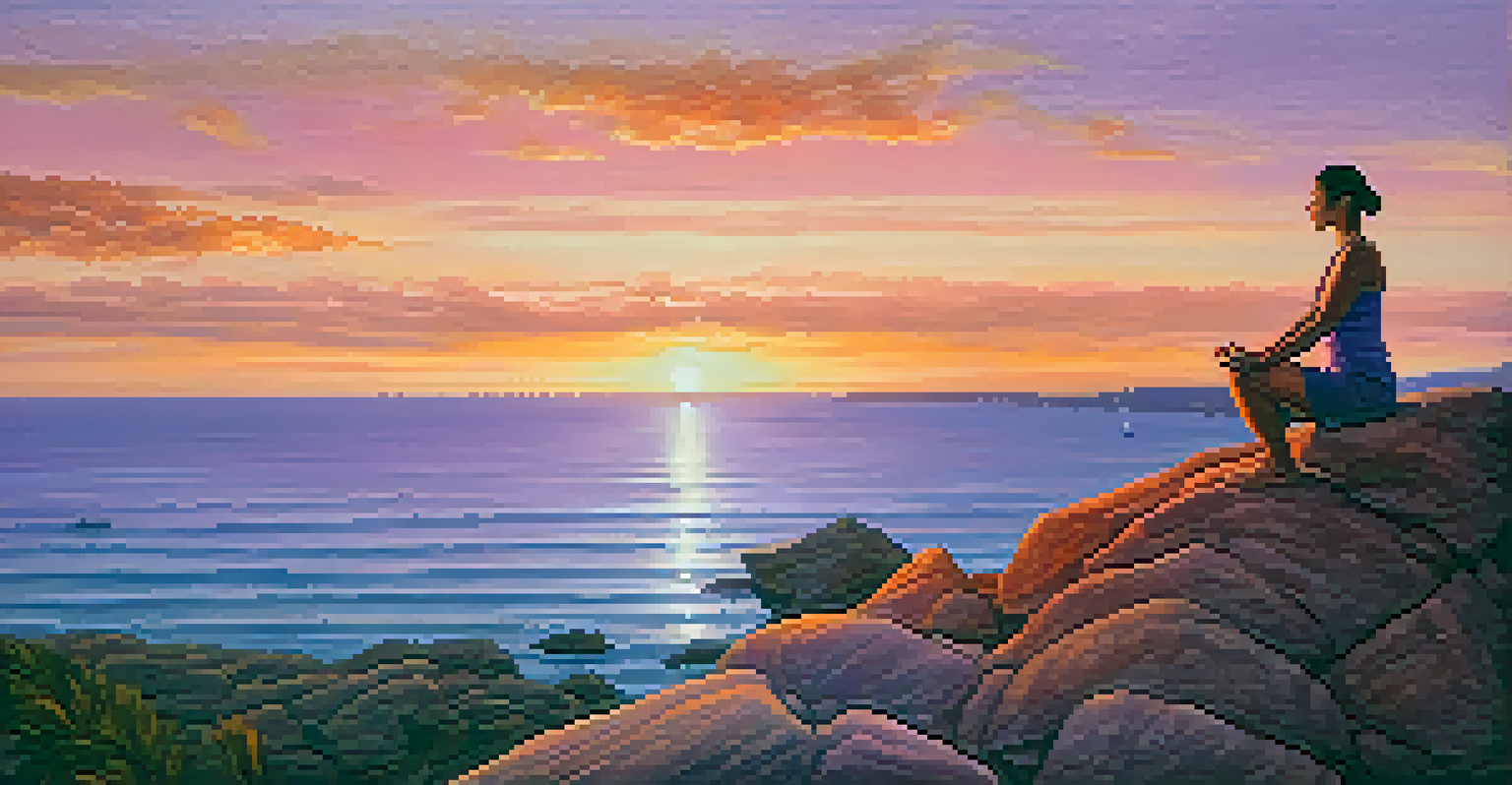 A person doing yoga on a cliff at sunset, with vibrant colors in the sky and ocean.