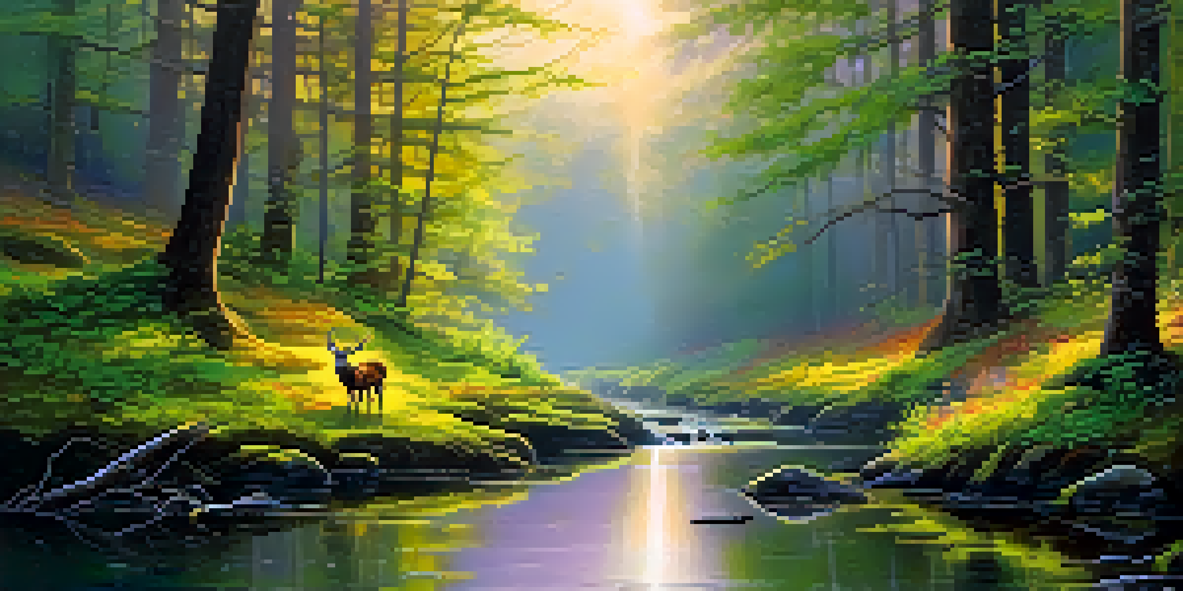 A peaceful forest with sunlight filtering through trees, a stream, and a deer, showcasing the beauty of nature.