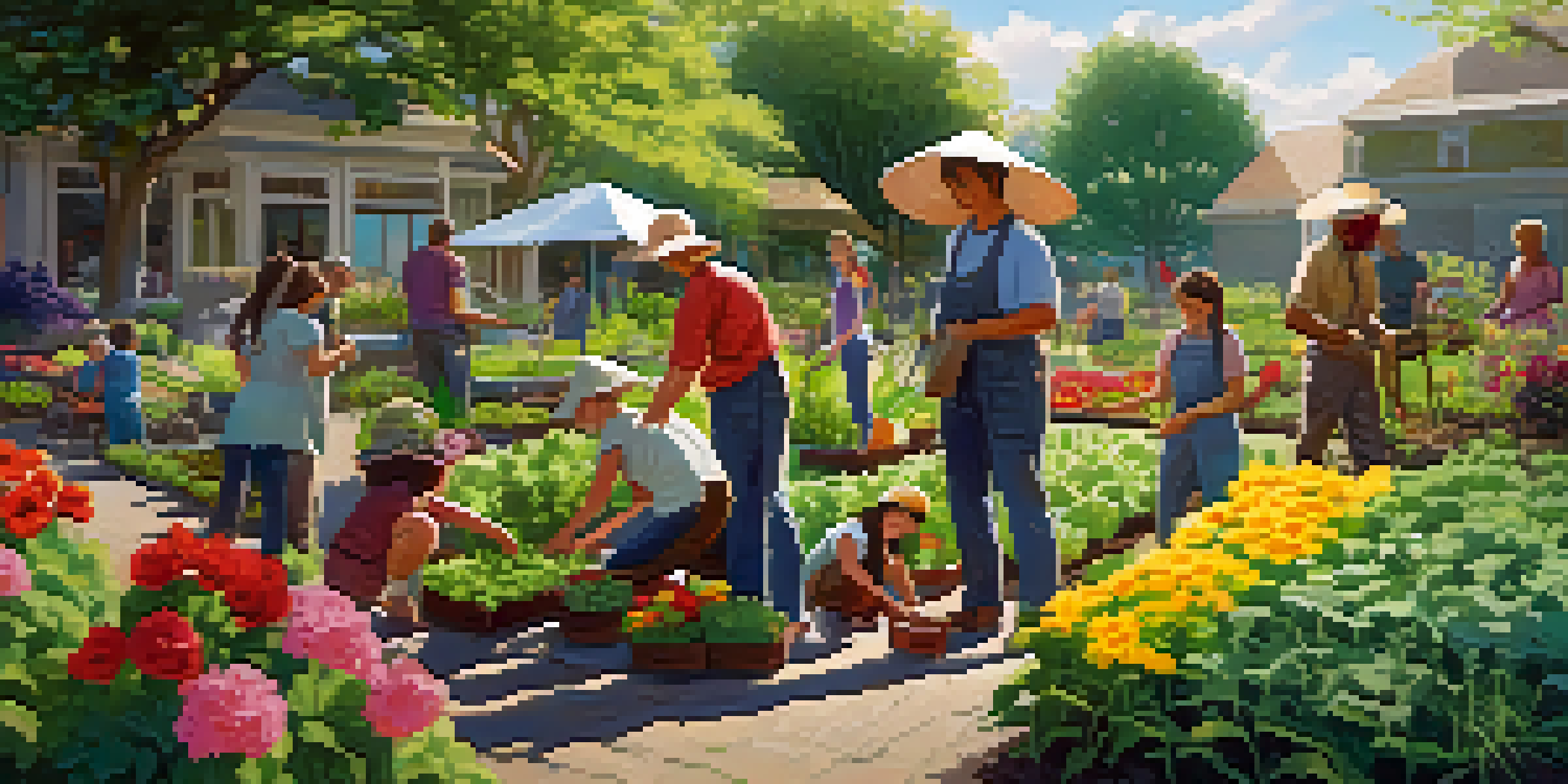 A diverse group of people planting in a community garden, surrounded by colorful flowers and greenery, under soft sunlight.