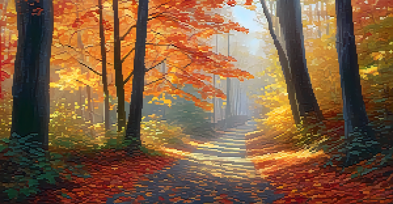 An autumn forest with colorful leaves and a winding path covered in fallen leaves.