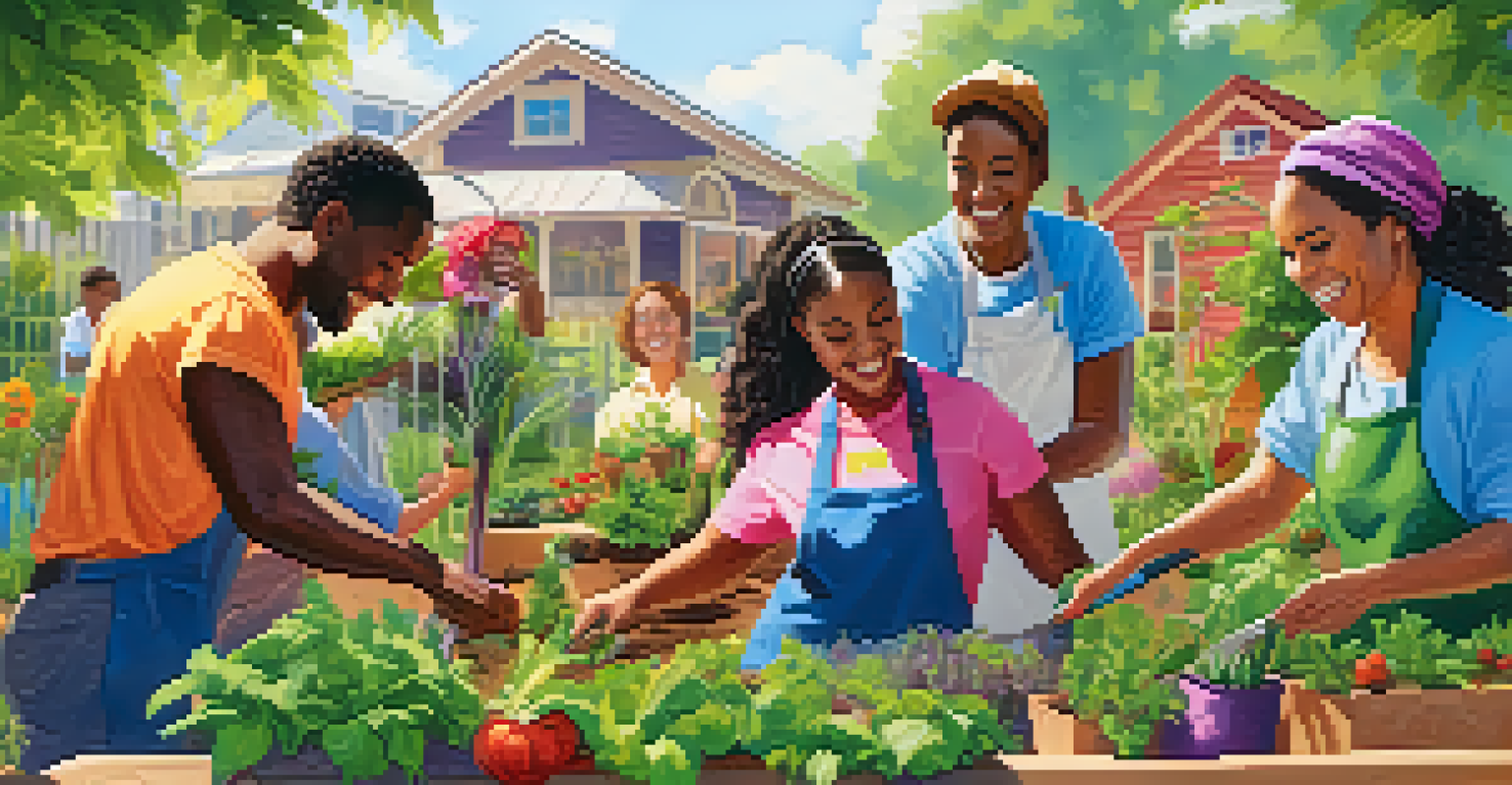 A diverse group of individuals working together in a community garden, planting and smiling, surrounded by colorful plants.