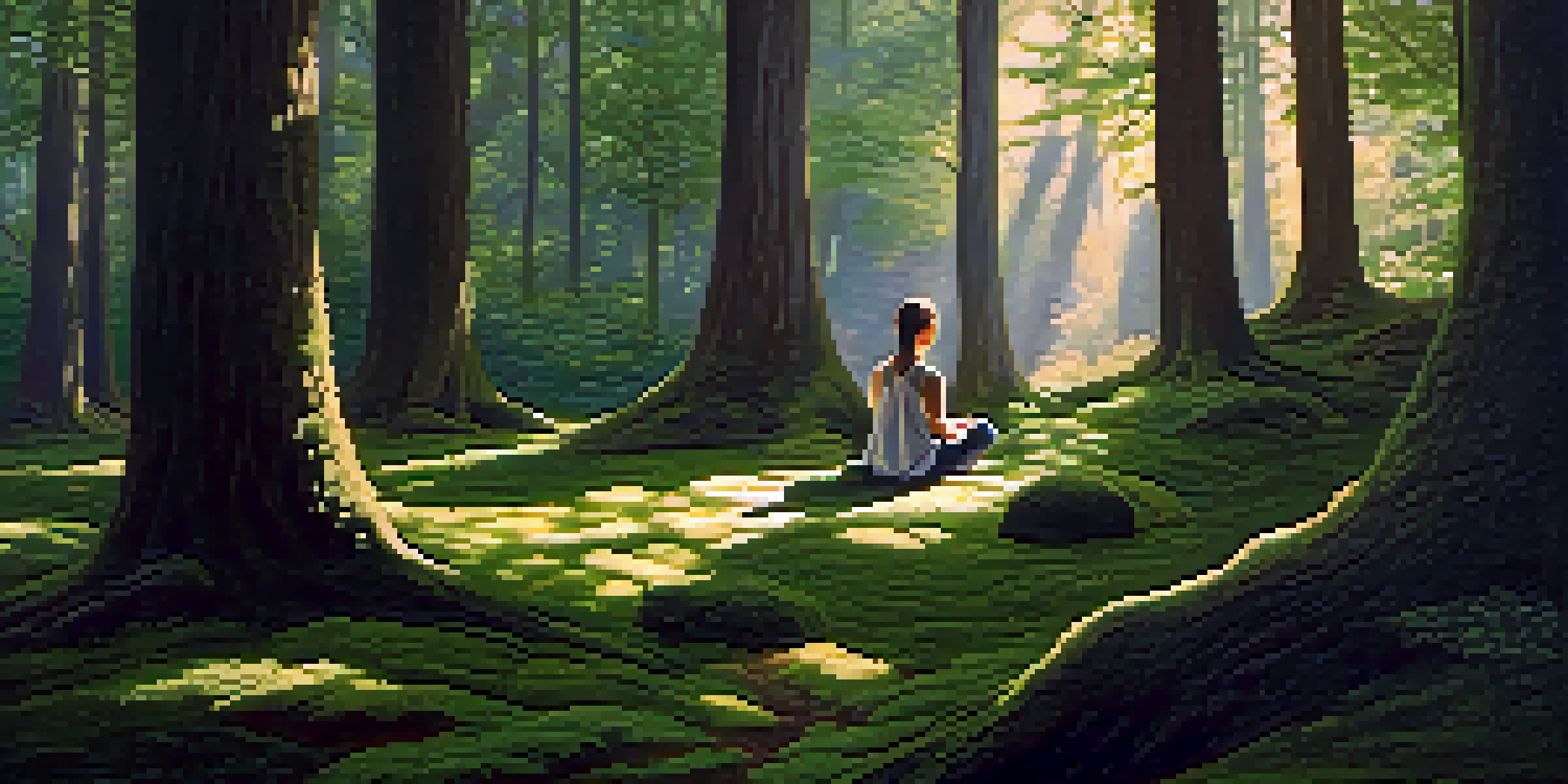 A person meditating in a tranquil forest, surrounded by trees and sunlight, depicting serenity and connection with nature.