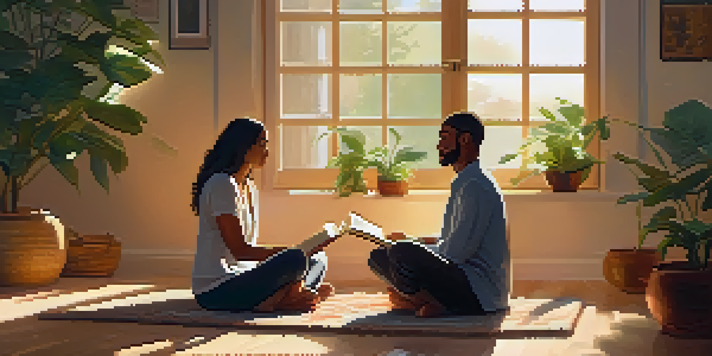 A couple practicing mindfulness together in a cozy, sunlit room, surrounded by plants and candles.