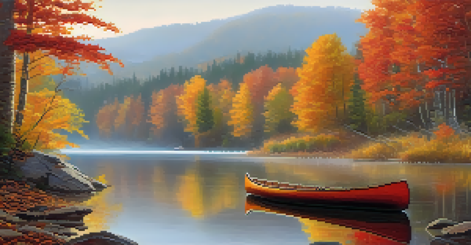 An autumn lakeside scene with colorful leaves, a still lake, and a wooden canoe floating.