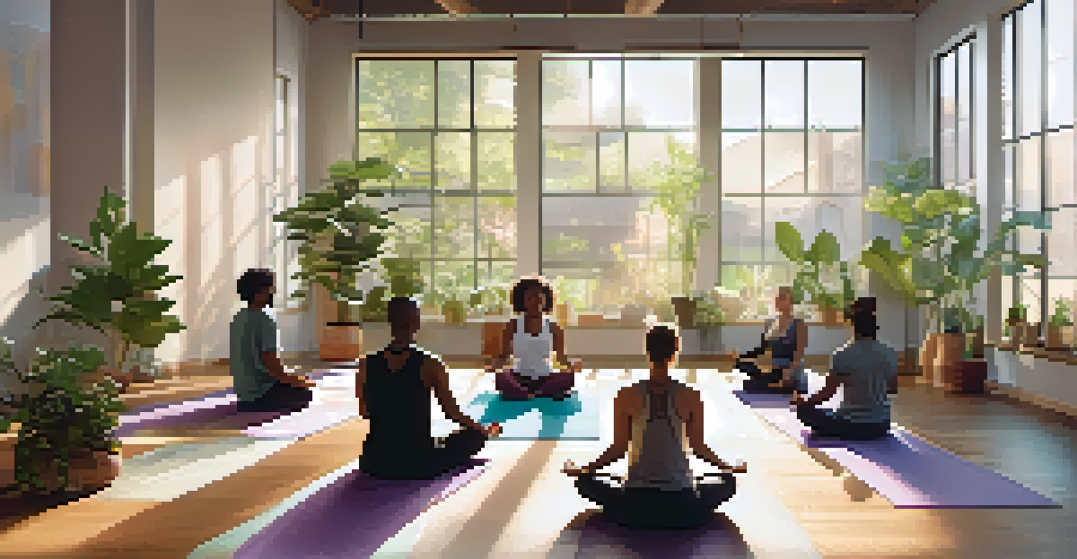 Diverse individuals meditating together in a community space.