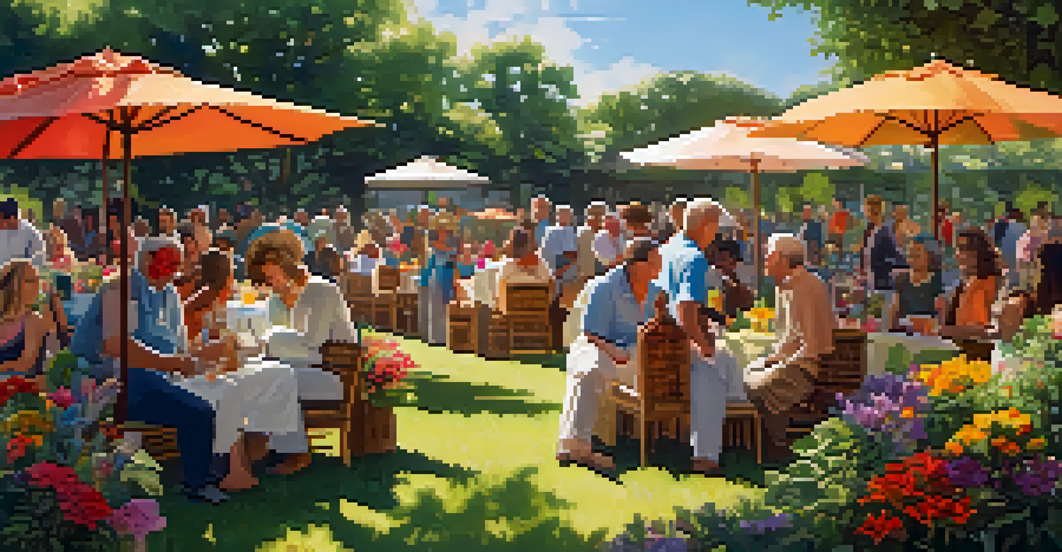A diverse group of people enjoying a gathering in a colorful garden, sharing stories and laughter.