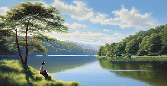 A peaceful lakeside scene with a person meditating by the water, surrounded by greenery and a clear sky.
