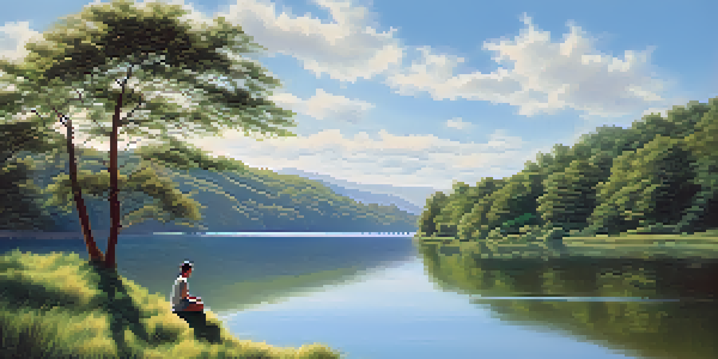 A peaceful lakeside scene with a person meditating by the water, surrounded by greenery and a clear sky.