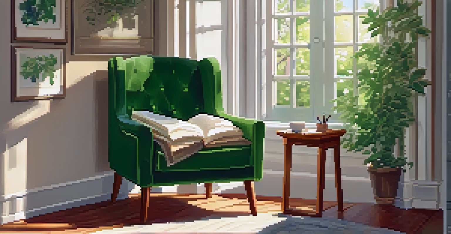 A cozy reading nook with an armchair, a gratitude journal on a table, and sunlight filtering through plants.